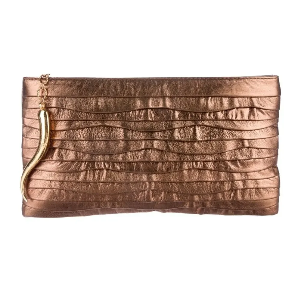 Dominique Cohen Metallic Copper Pleated Clutch‎ with Chain and Horn Detail OS